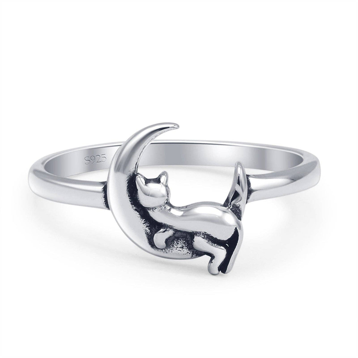 Sterling Silver Crescent Moon &amp; Lounging Cat Ring Oxidized