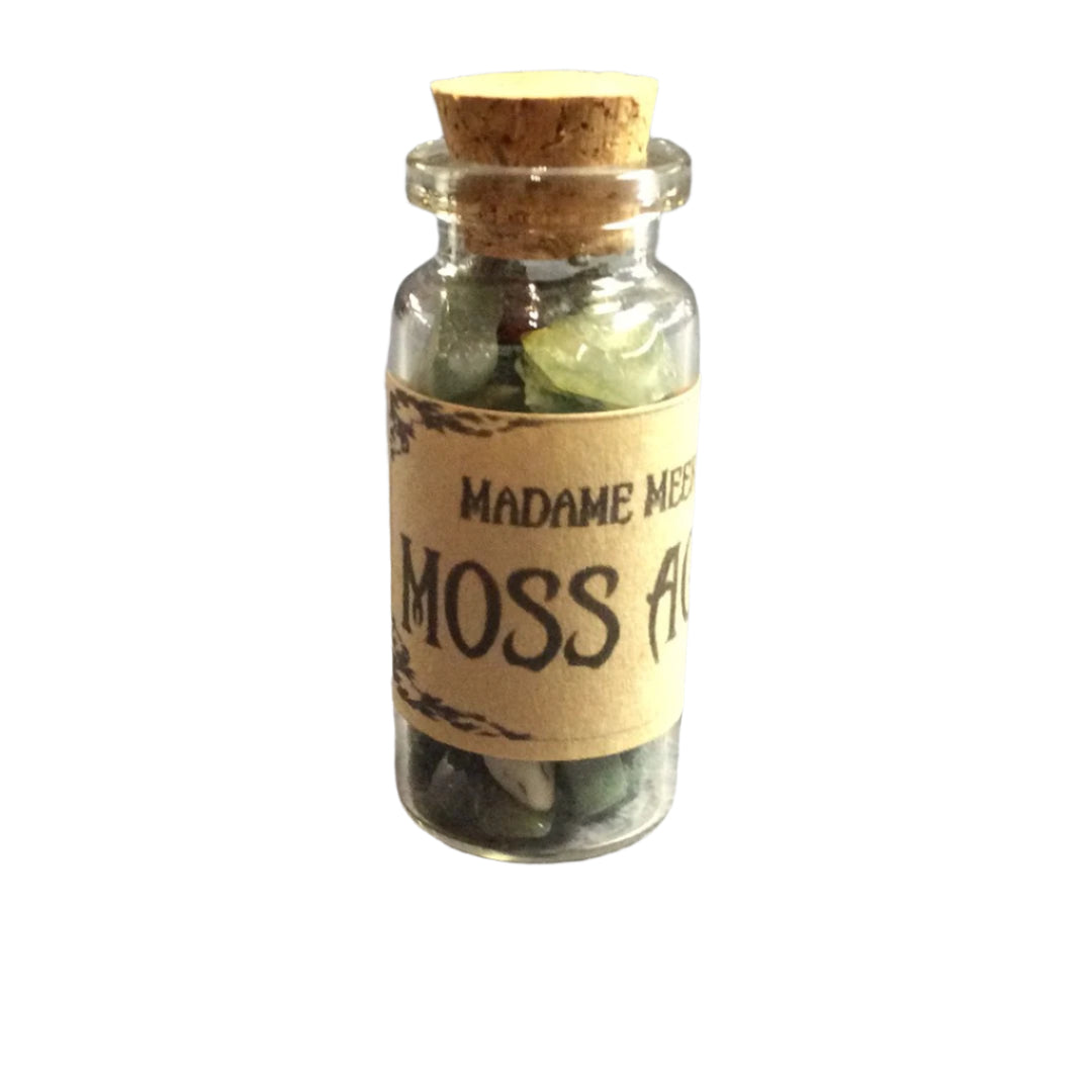 Moss Agate Crystal Chips in Bottle