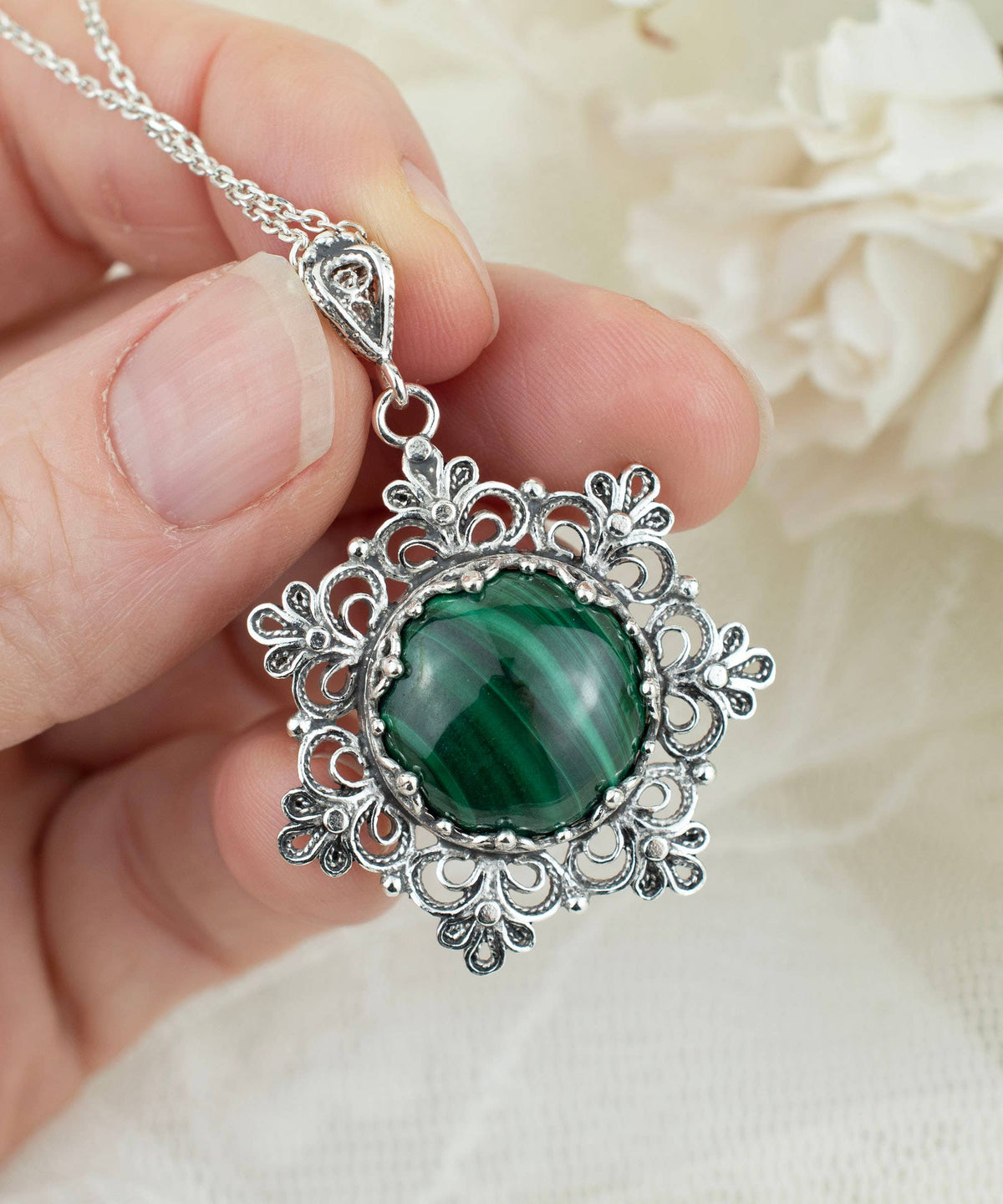 Sterling Silver Filigree Malachite Pendant w/ 20" chain