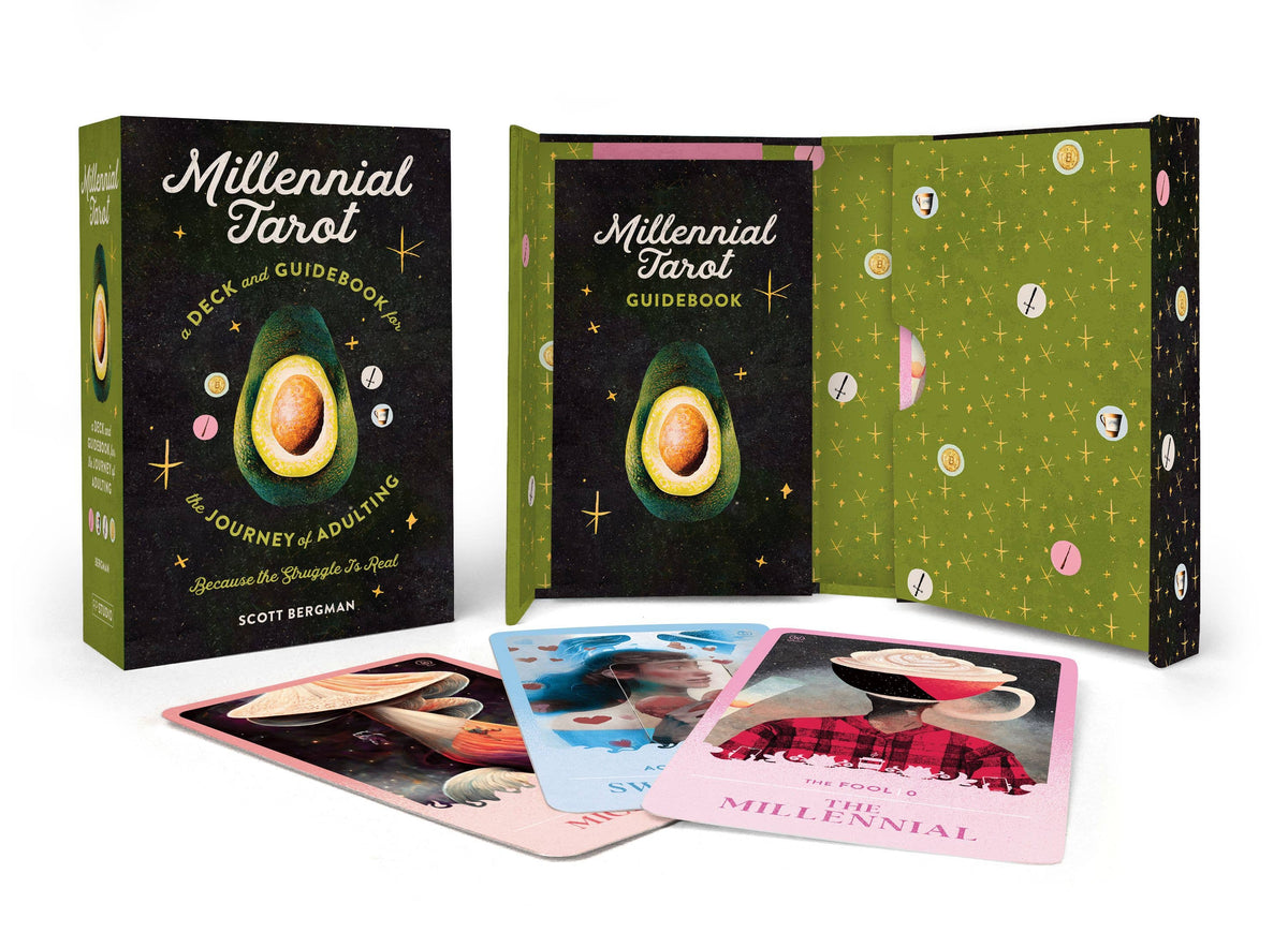 Millennial Tarot card set with deck, guidebook, and cards displayed on a white background
