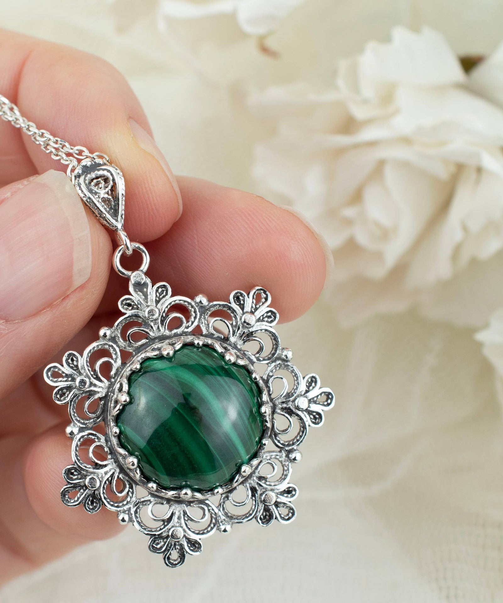 Sterling Silver Filigree Malachite Pendant w/ 20" chain