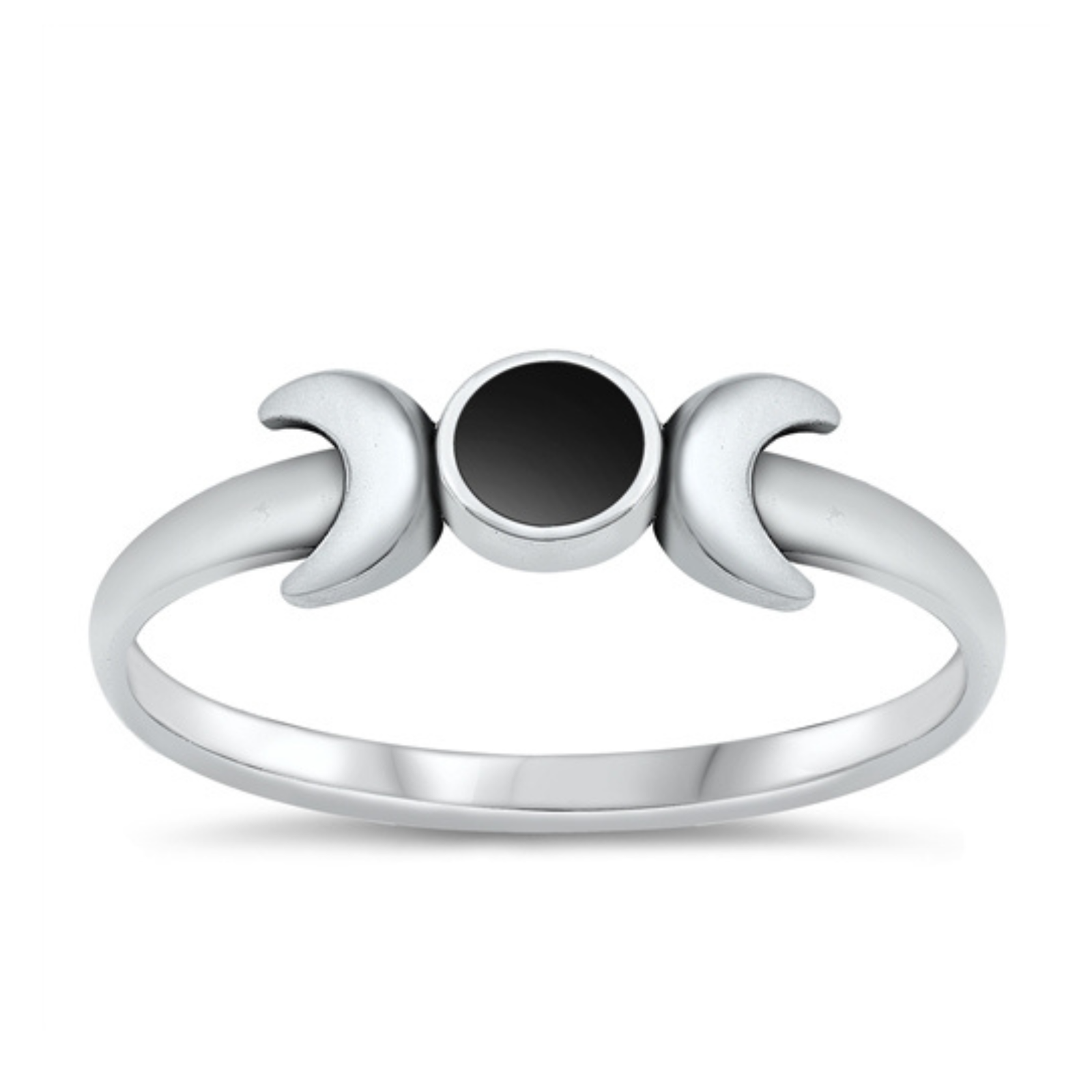 Sterling Silver Moon with Black Agate Single Stone Ring