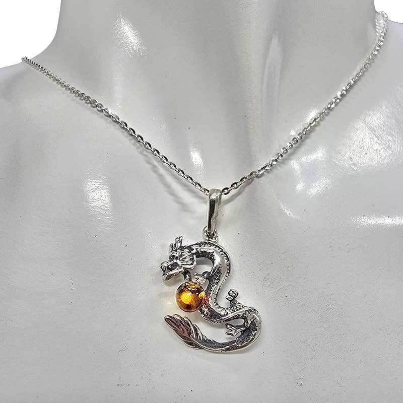 Cognac Color Amber Sterling Silver Dragon Pendant