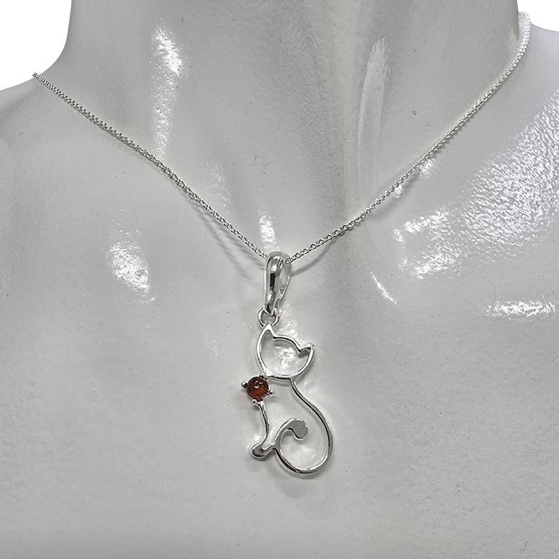 Cognac Amber Silver Cat Pendant
