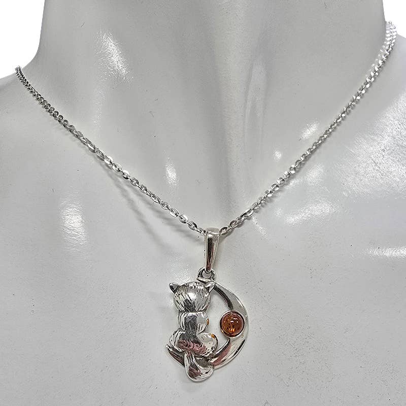 Cat On The Moon Cognac Amber Silver Pendant