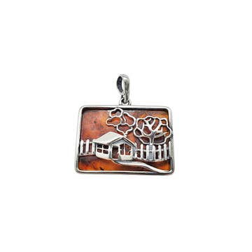 House Cognac Amber Rectangle Sterling Silver Pendant