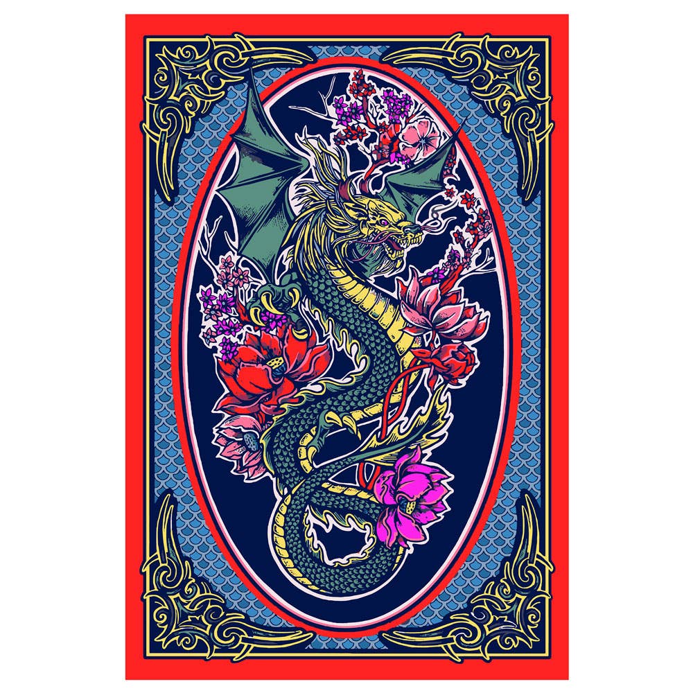 3D Dragons Flowers Tapestry 60x90