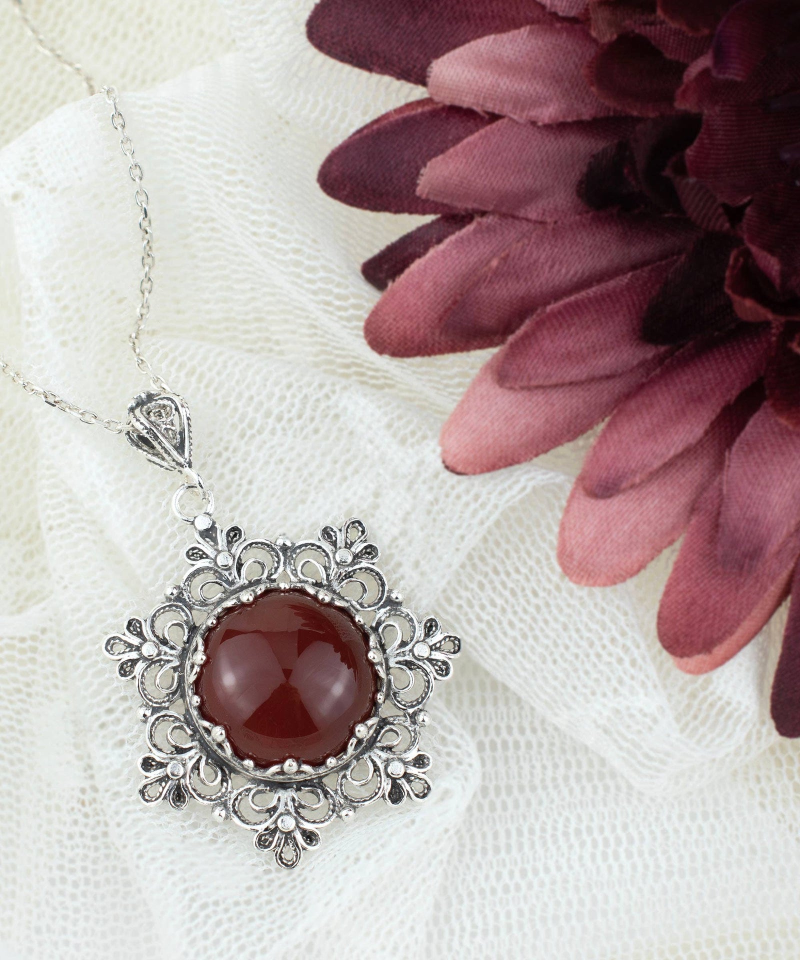 Sterling Silver Filigree Carnelian Pendant with 20" chain