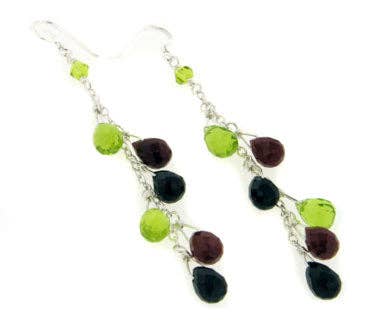 Sterling Silver Green, Red, Black Glass Drop Earrings