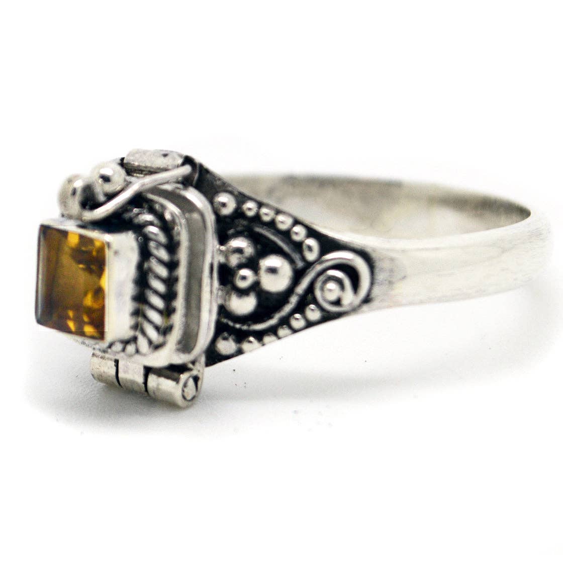 Sterling Silver Square Gemstone Poison Box Locket Ring