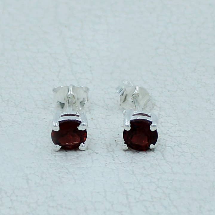 Garnet 5 MM Stud Sterling Silver Earrings