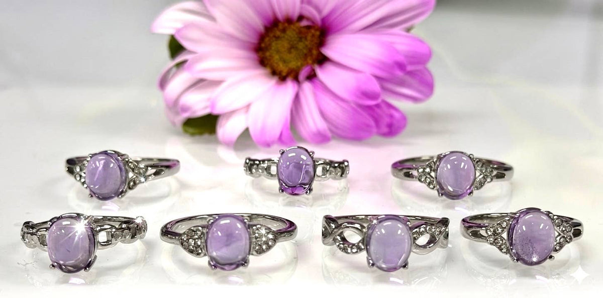 Natural Amethyst Stainless Steel Rings 7x9mm Crystal