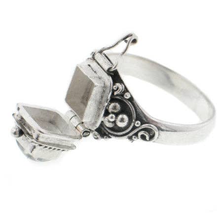 Sterling Silver Square Gemstone Poison Box Locket Ring