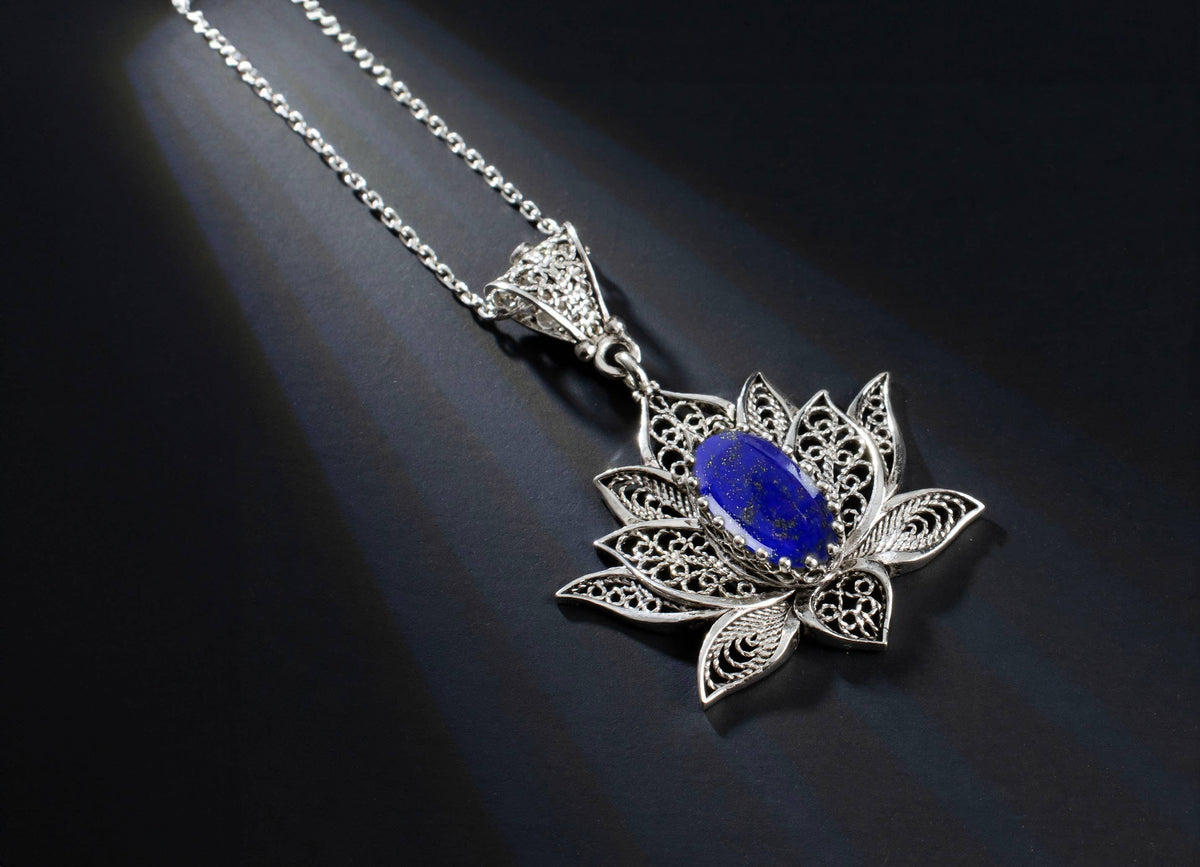 Sterling Silver Filigree Lotus Flower Lapis Lazuli Gemstone Pendant