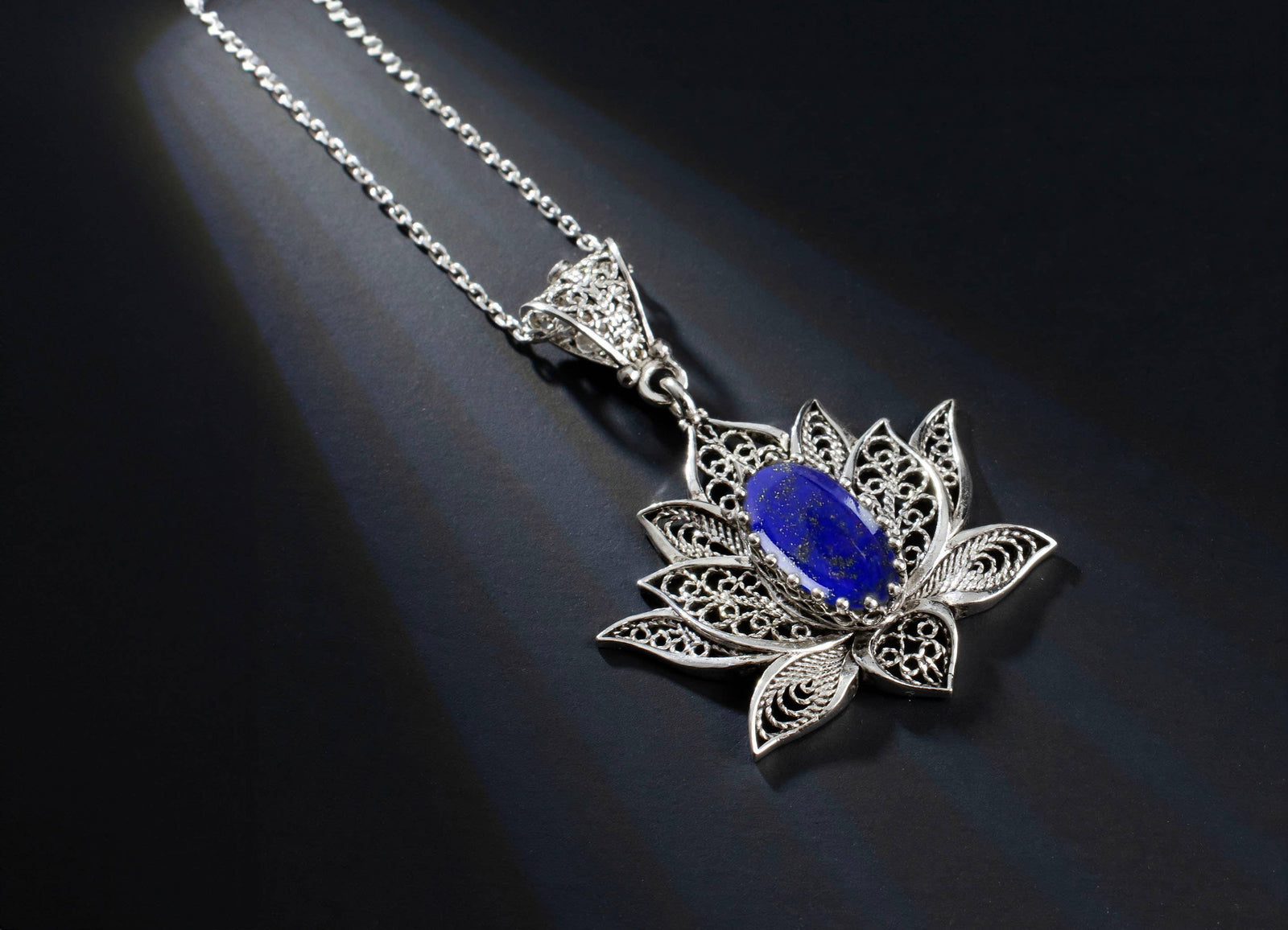 Sterling Silver Filigree Lotus Flower Lapis Lazuli Gemstone Pendant