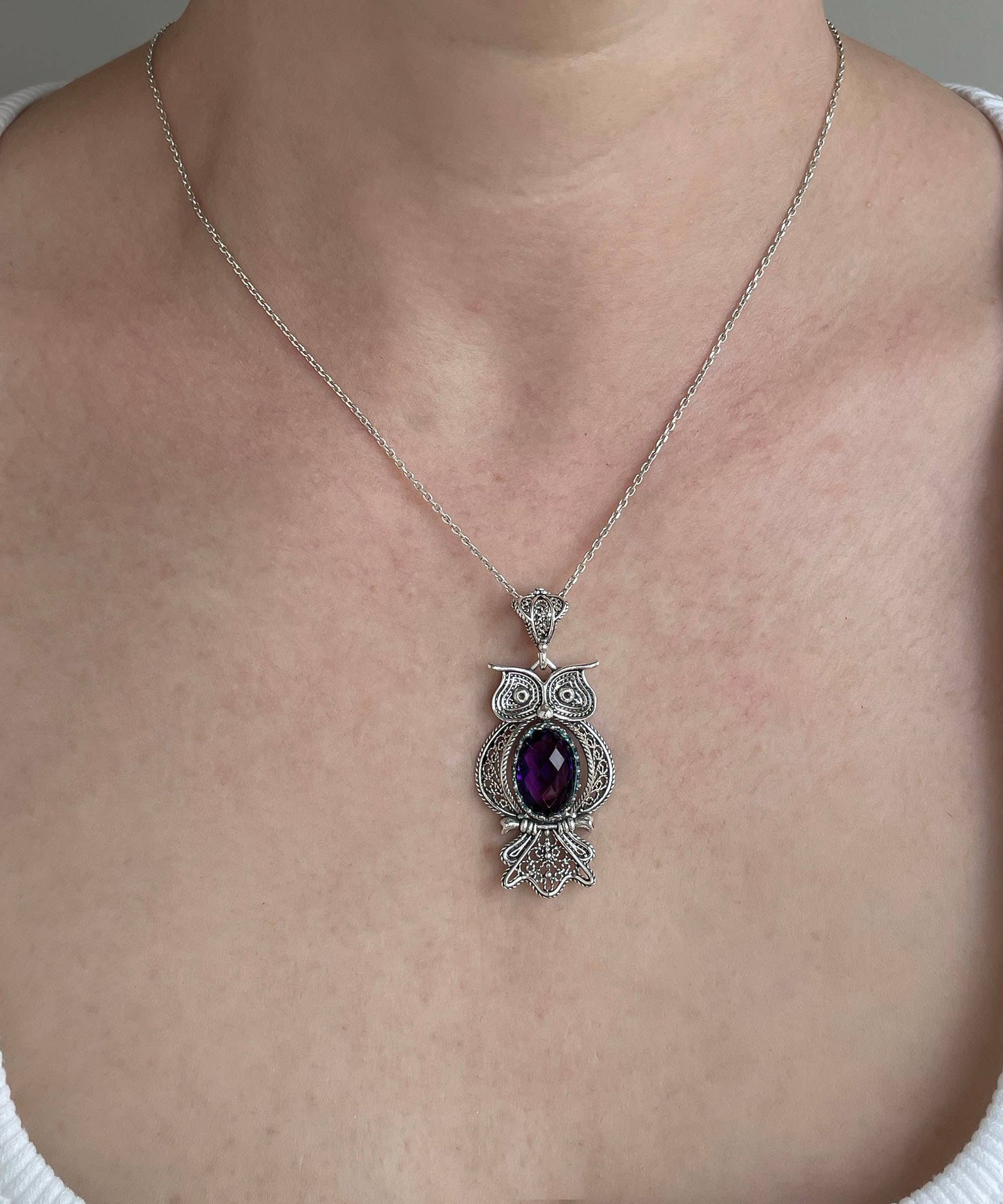 Sterling Silver Filigree Art Owl Amethyst Pendant