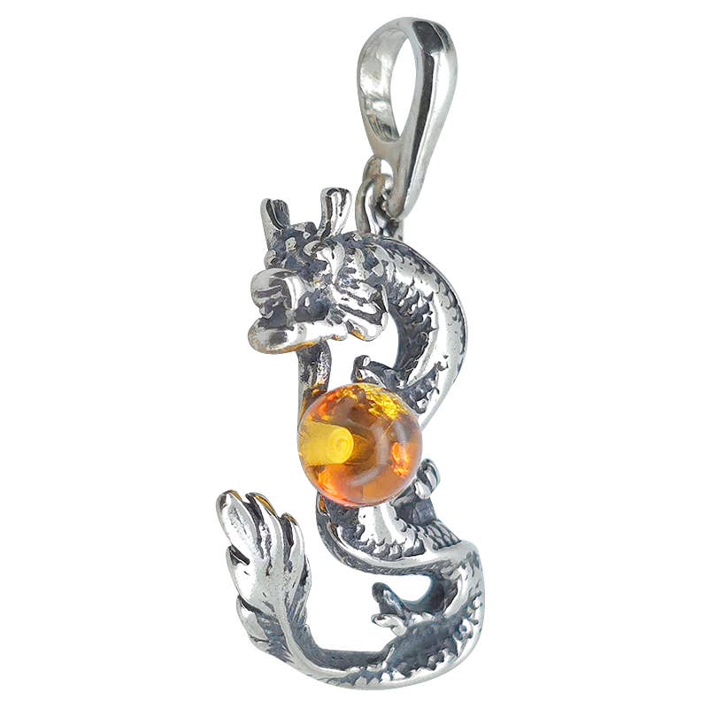 Cognac Color Amber Sterling Silver Dragon Pendant