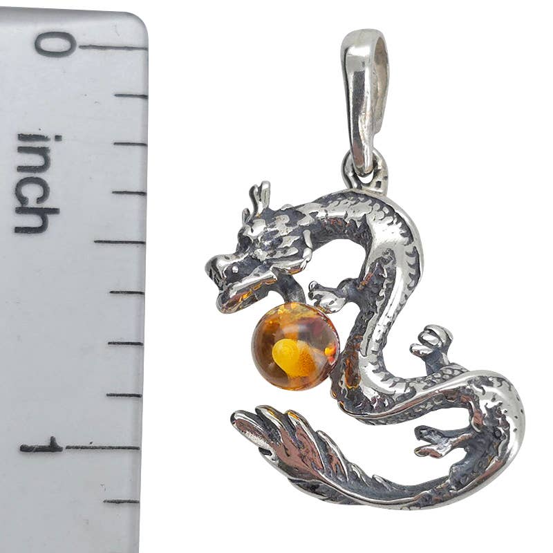 Cognac Color Amber Sterling Silver Dragon Pendant