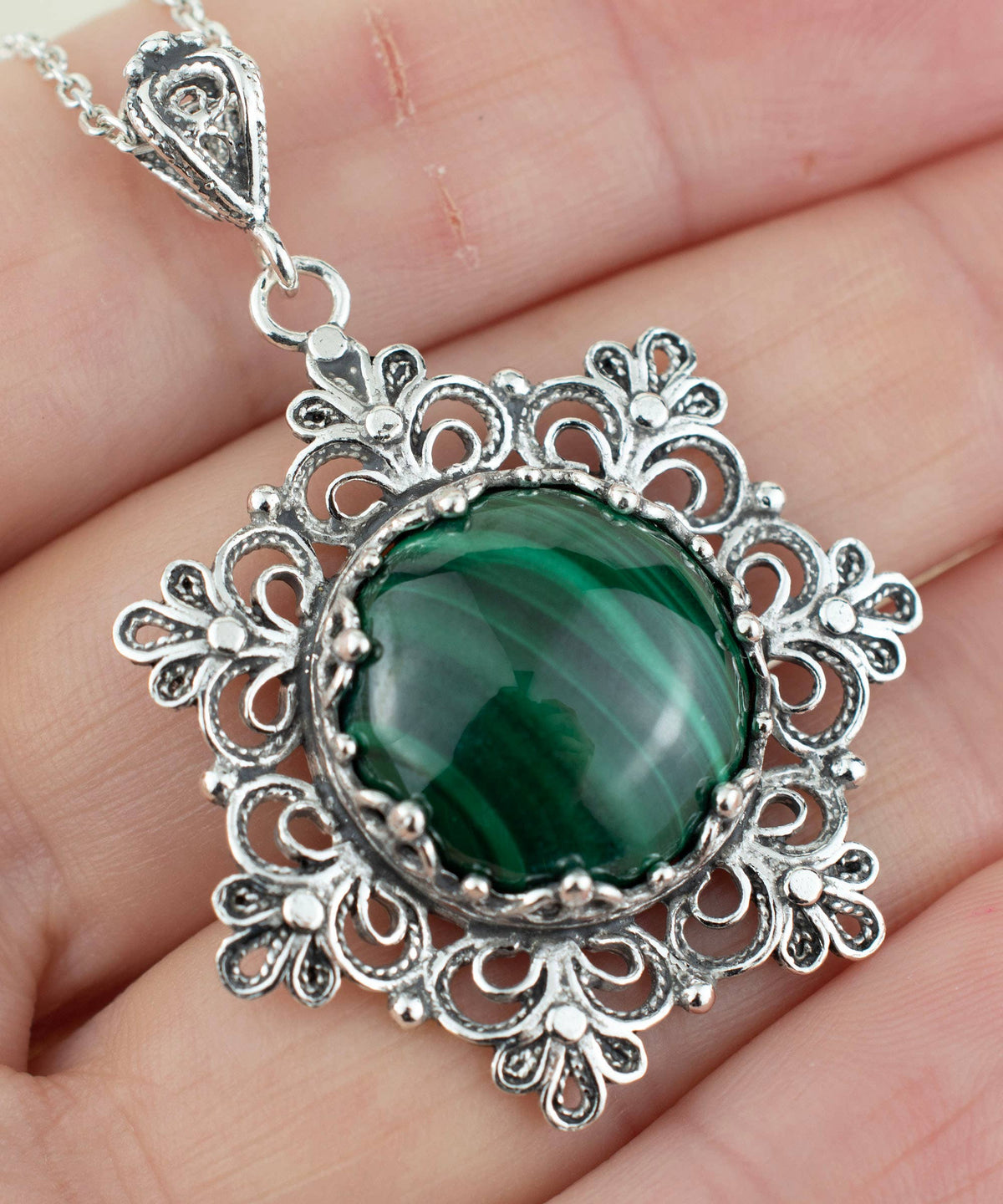 Sterling Silver Filigree Malachite Pendant w/ 20" chain