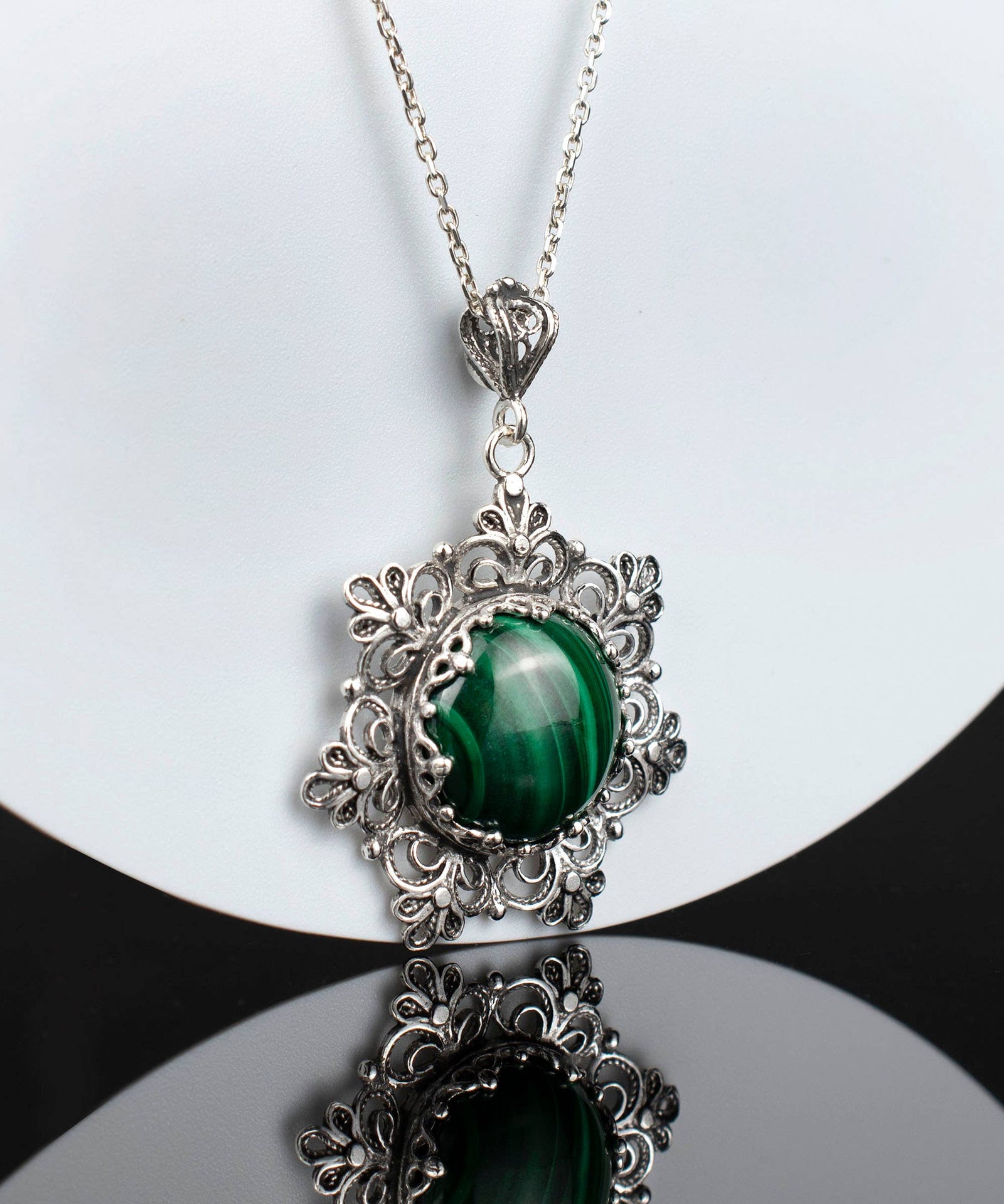 Sterling Silver Filigree Malachite Pendant w/ 20" chain