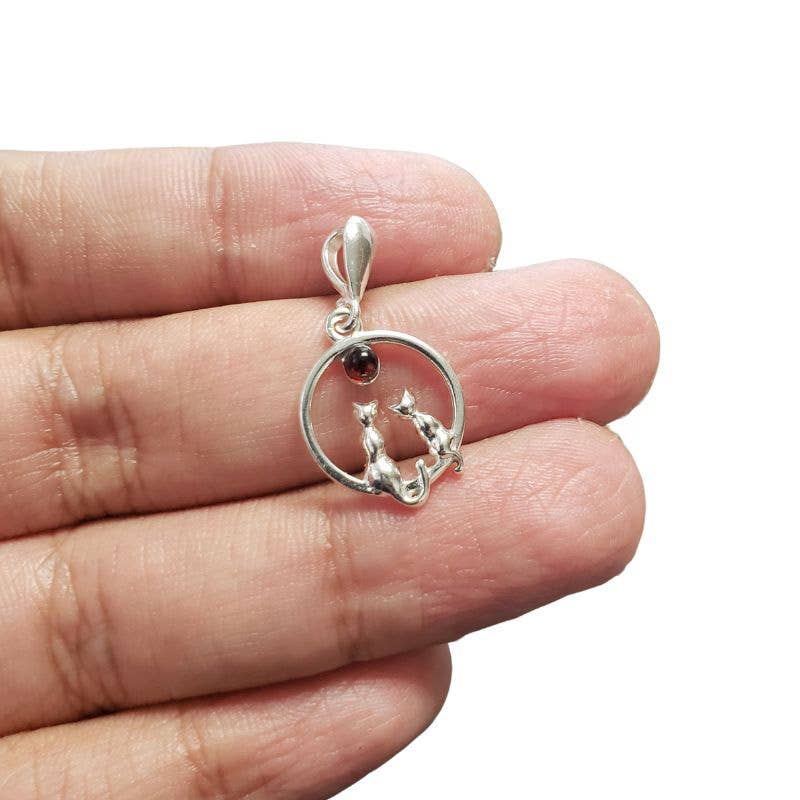 Cherry Amber Sterling Silver Cat Pendant