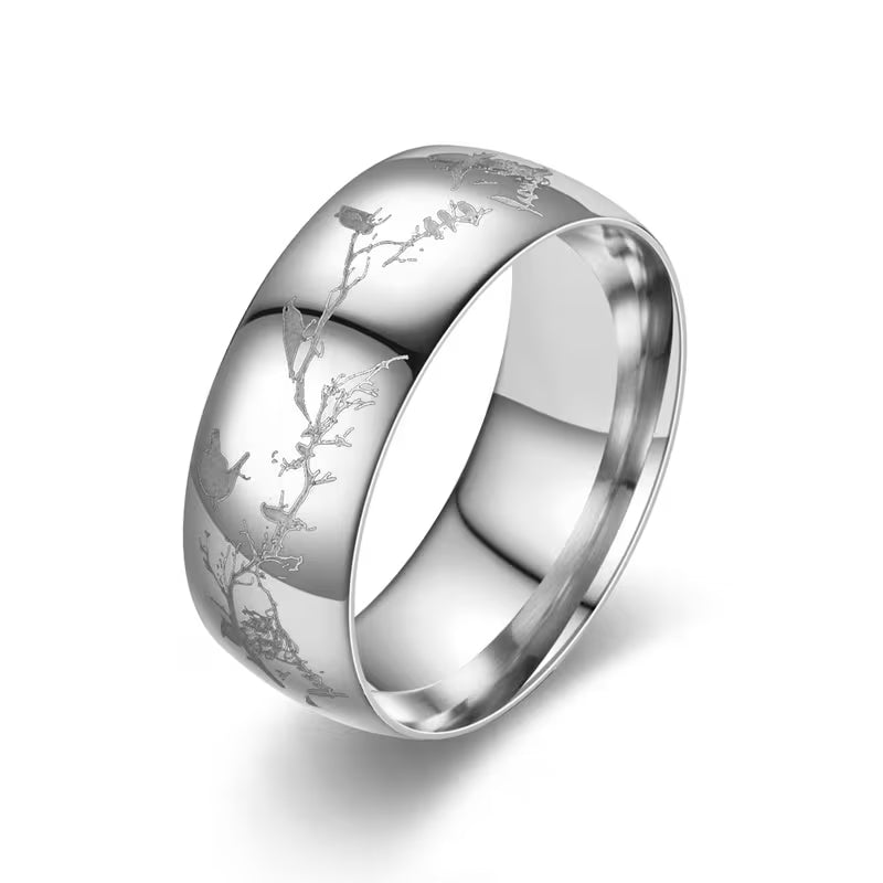 Band with Etched Birds Stainless Steel Ring