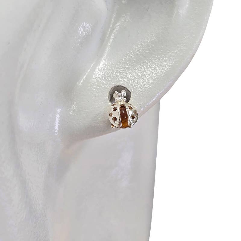 Small Ladybug Amber Stud Earrings