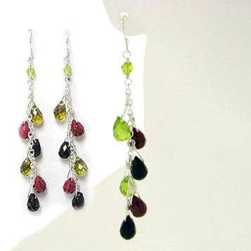 Sterling Silver Green, Red, Black Glass Drop Earrings