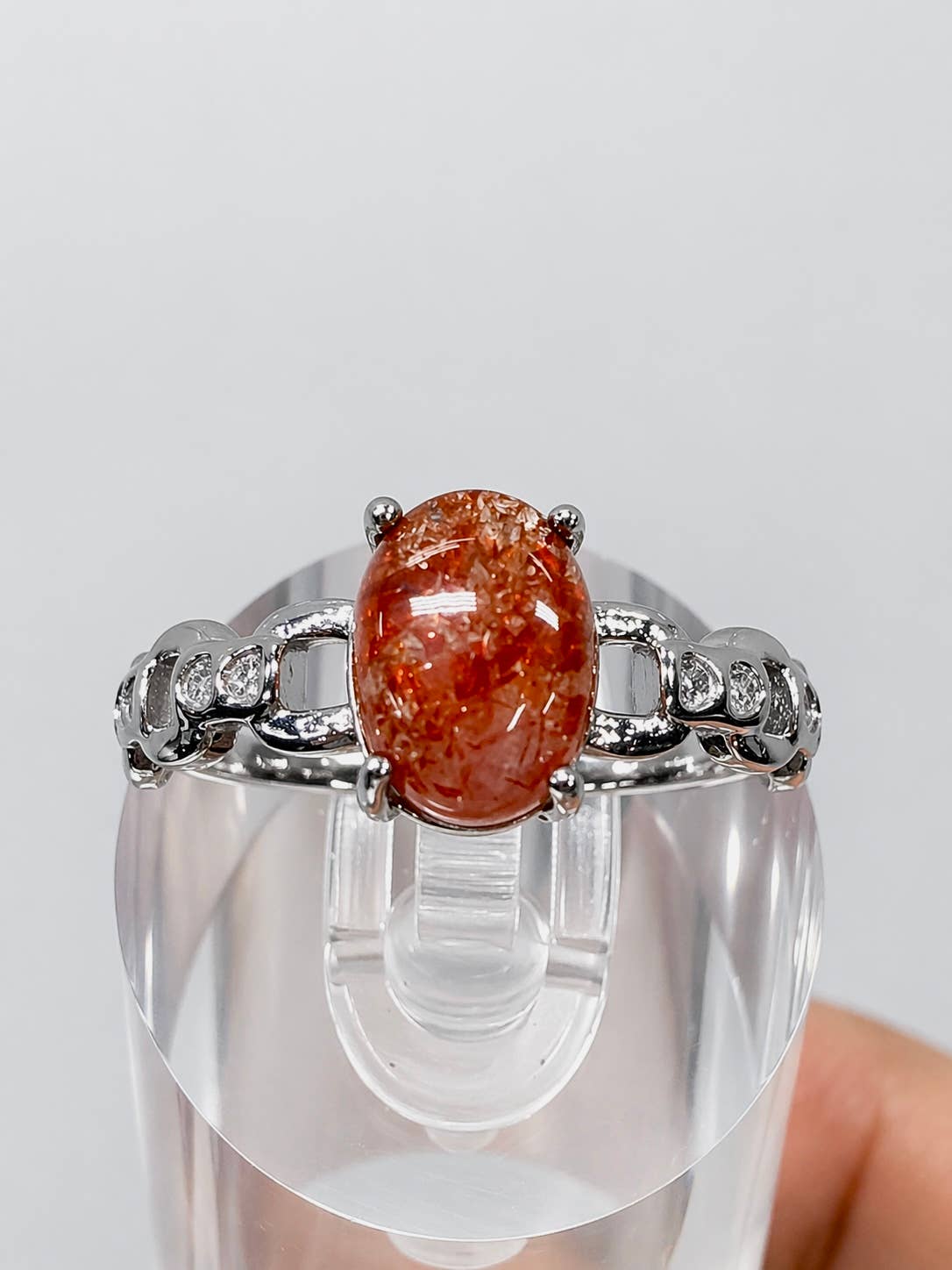 Natural Sunstone Stainless Steel Crystal Rings 6x8mm