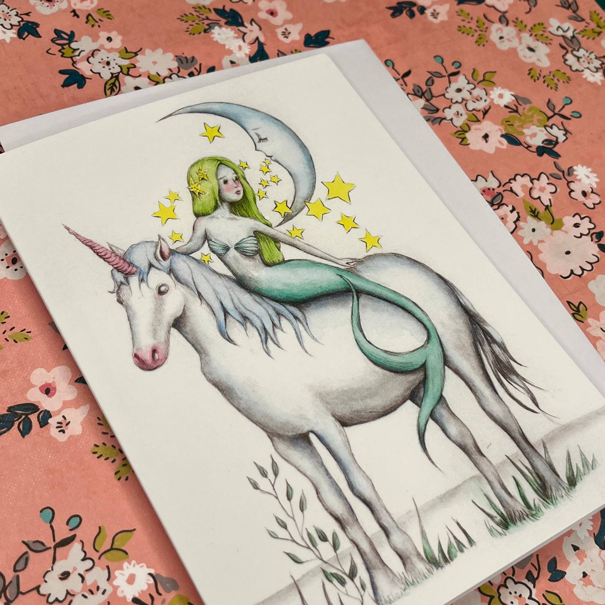 Mermaid, Unicorn and Moon greeting card 4.5 " x 6.5 "