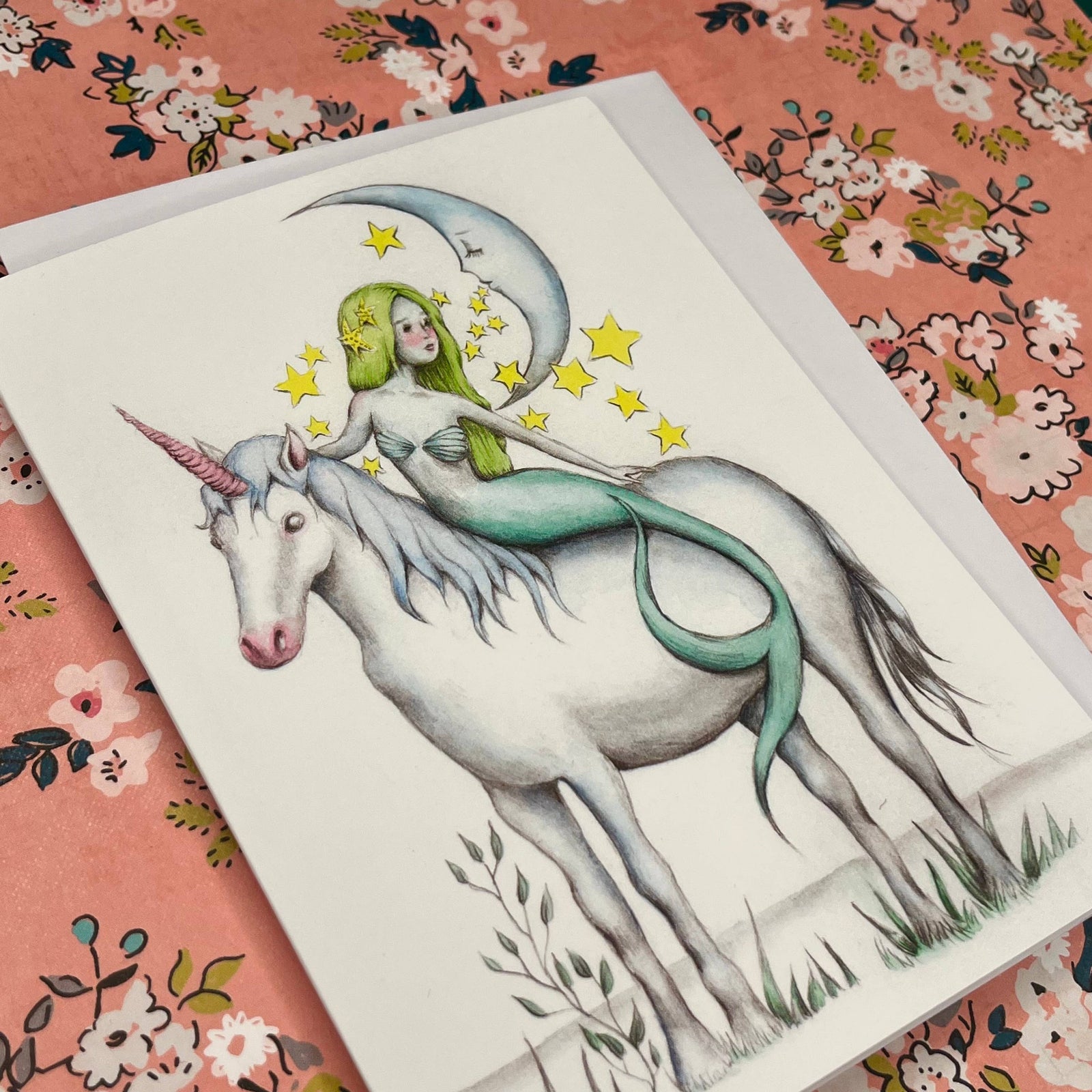 Mermaid, Unicorn and Moon greeting card 4.5 " x 6.5 "