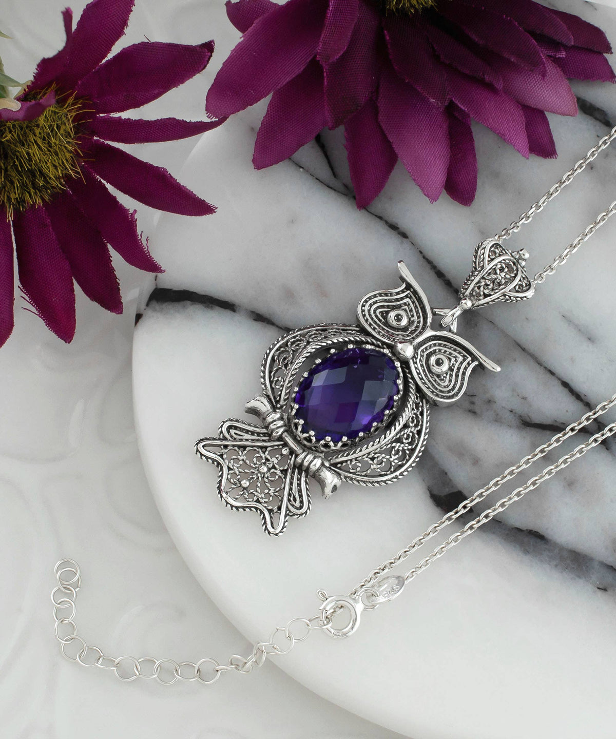 Sterling Silver Filigree Art Owl Amethyst Pendant
