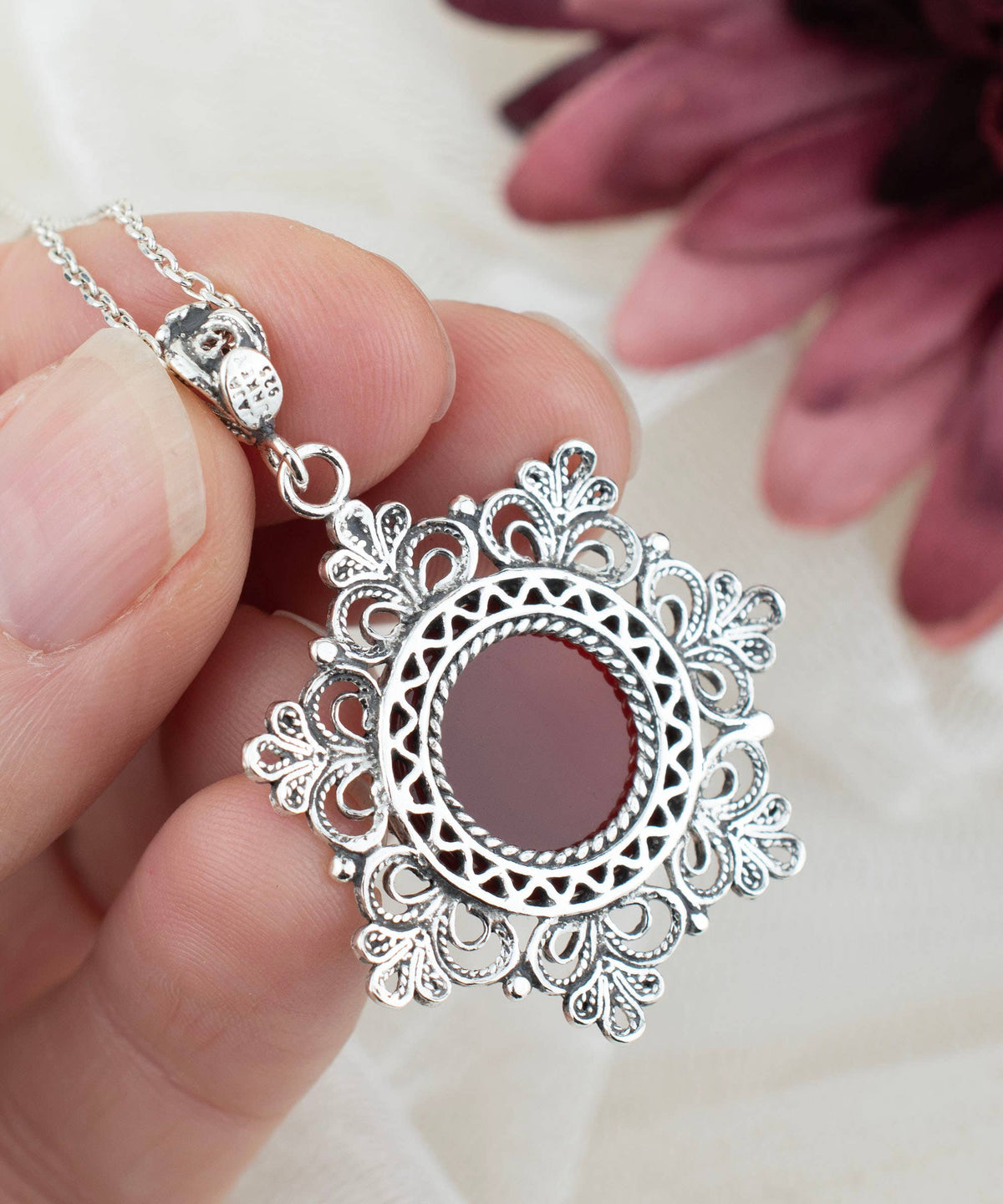 Sterling Silver Filigree Carnelian Pendant with 20" chain