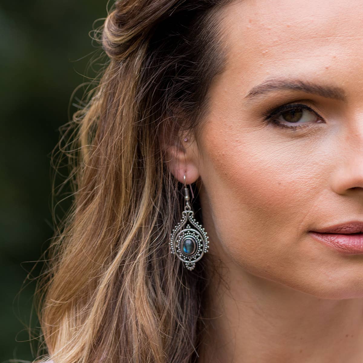 Tanvi Collection Earrings - Silver Ornate with Labradorite