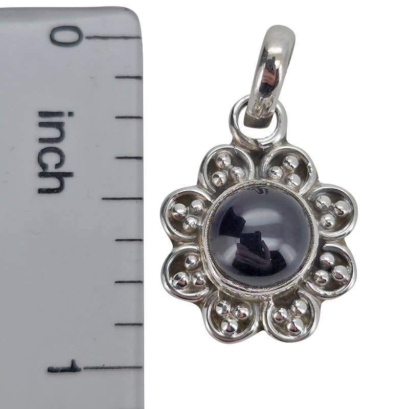 Black Onyx Sterling Silver Flower Pendant