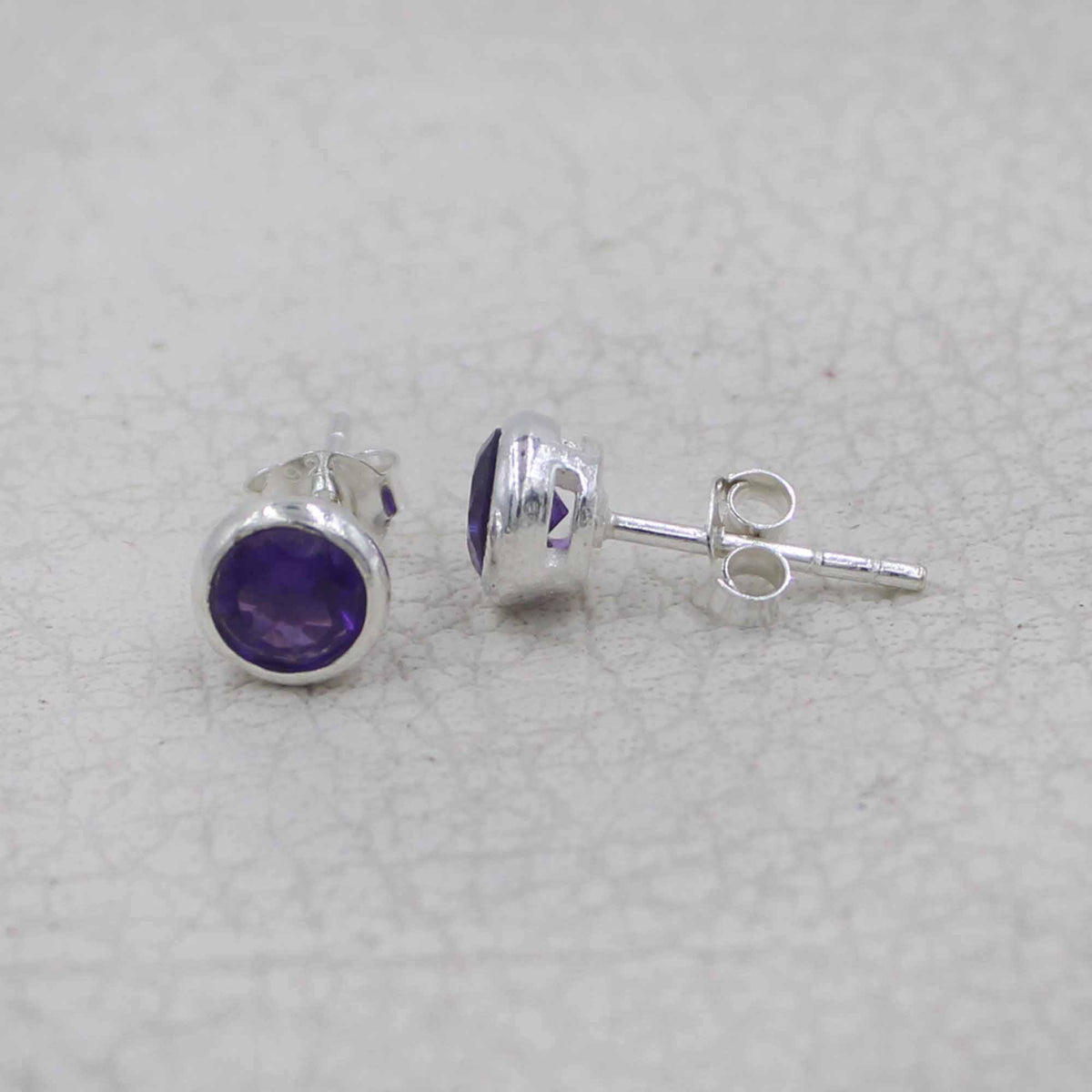 Round Amethyst Stud  Sterling Silver Bezel Earrings