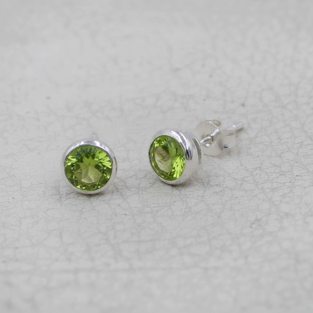 Round Peridot Stud  Sterling Silver Bezel Earrings