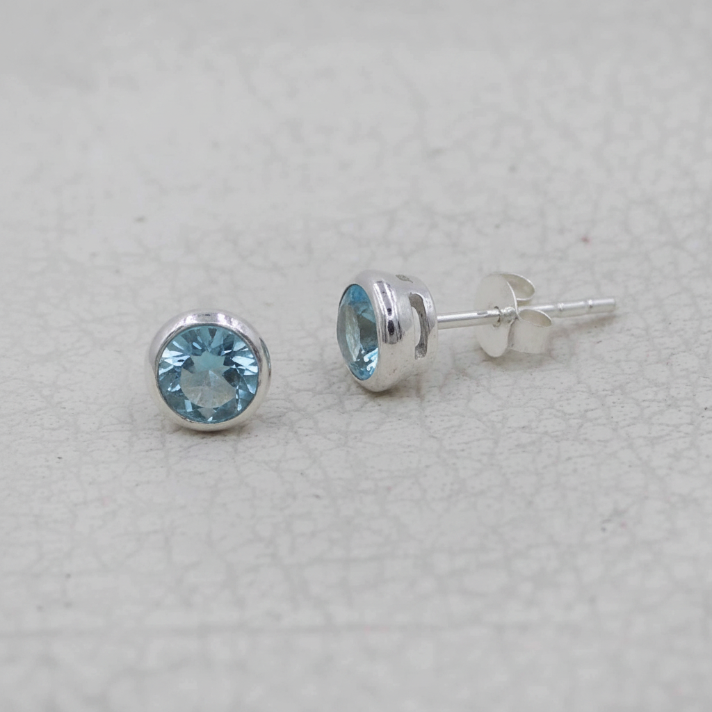 Round Blue Topaz Stud  Sterling Silver Bezel Earrings