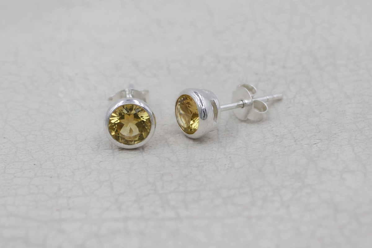 Round Citrine Stud  Sterling Silver Bezel Earrings