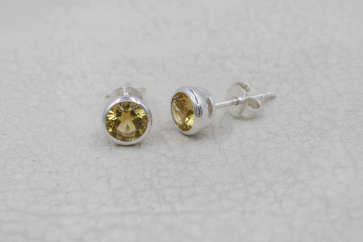 Round Citrine Stud  Sterling Silver Bezel Earrings