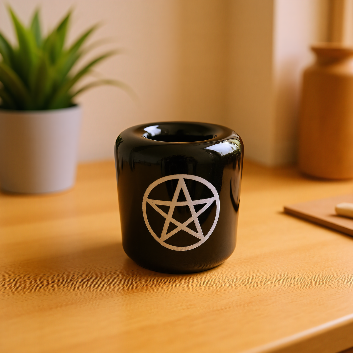 Ceramic Candle Holder Black with White Pentacle