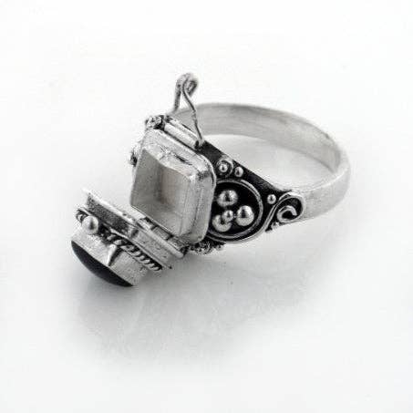Sterling Silver Square Gemstone Poison Box Locket Ring