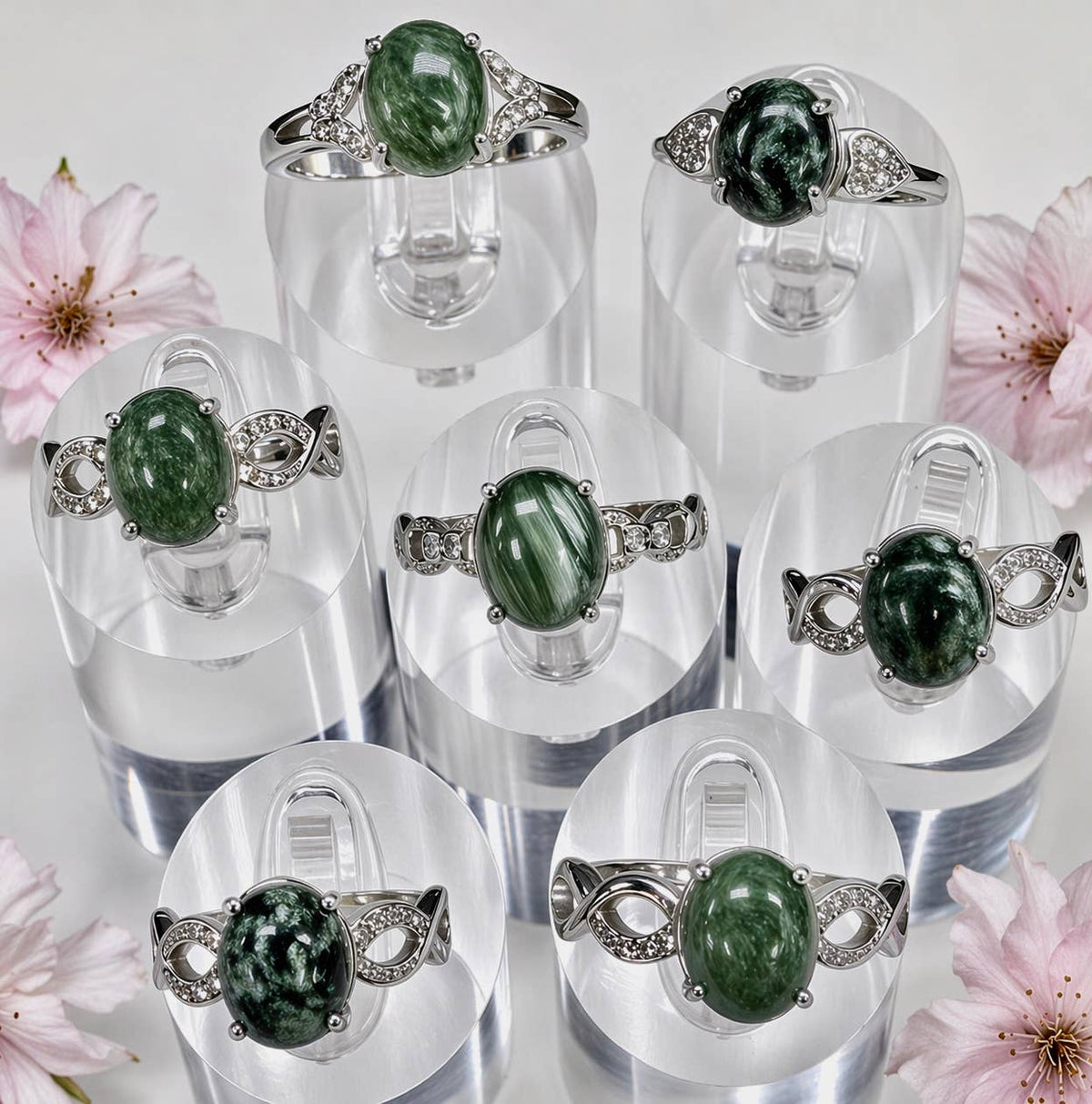 Natural Seraphinite Stainless Steel Ring 8x10mm Crystals