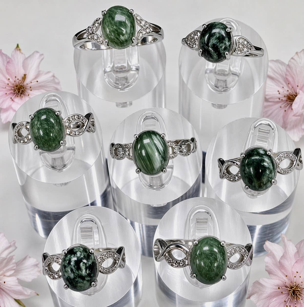 Natural Seraphinite Stainless Steel Ring 8x10mm Crystals