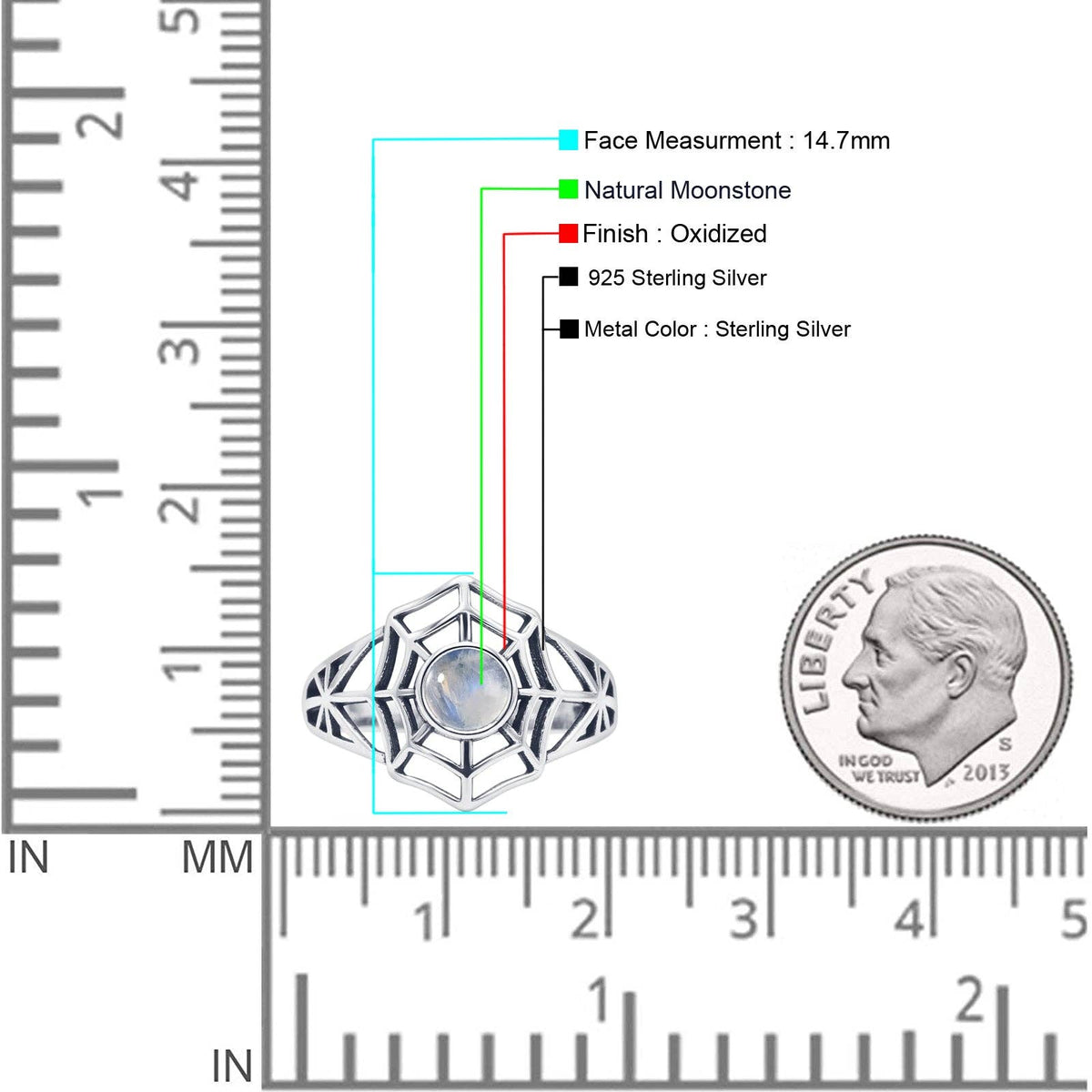 Round Moonstone Sterling Silver Spiderweb Ring