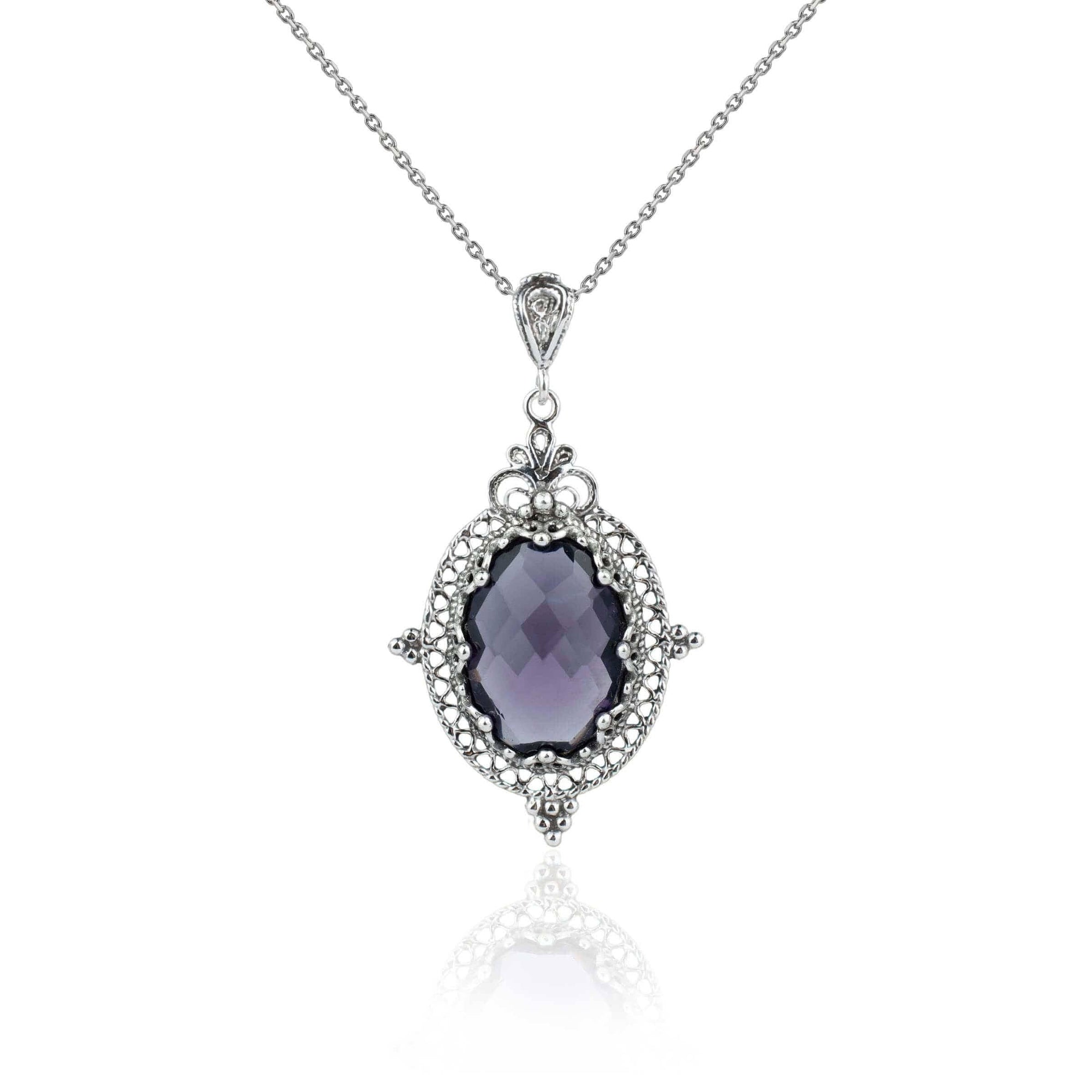 Sterling Silver Filigree Art Amethyst Gemstone Women Oval Pendant