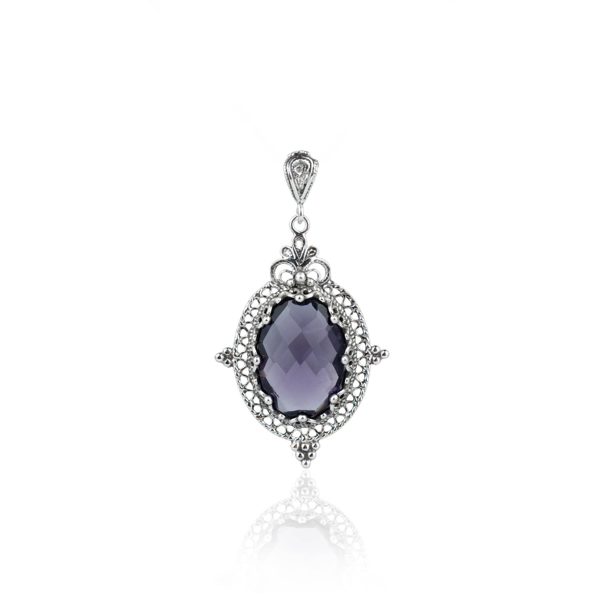 Sterling Silver Filigree Art Amethyst Gemstone Women Oval Pendant