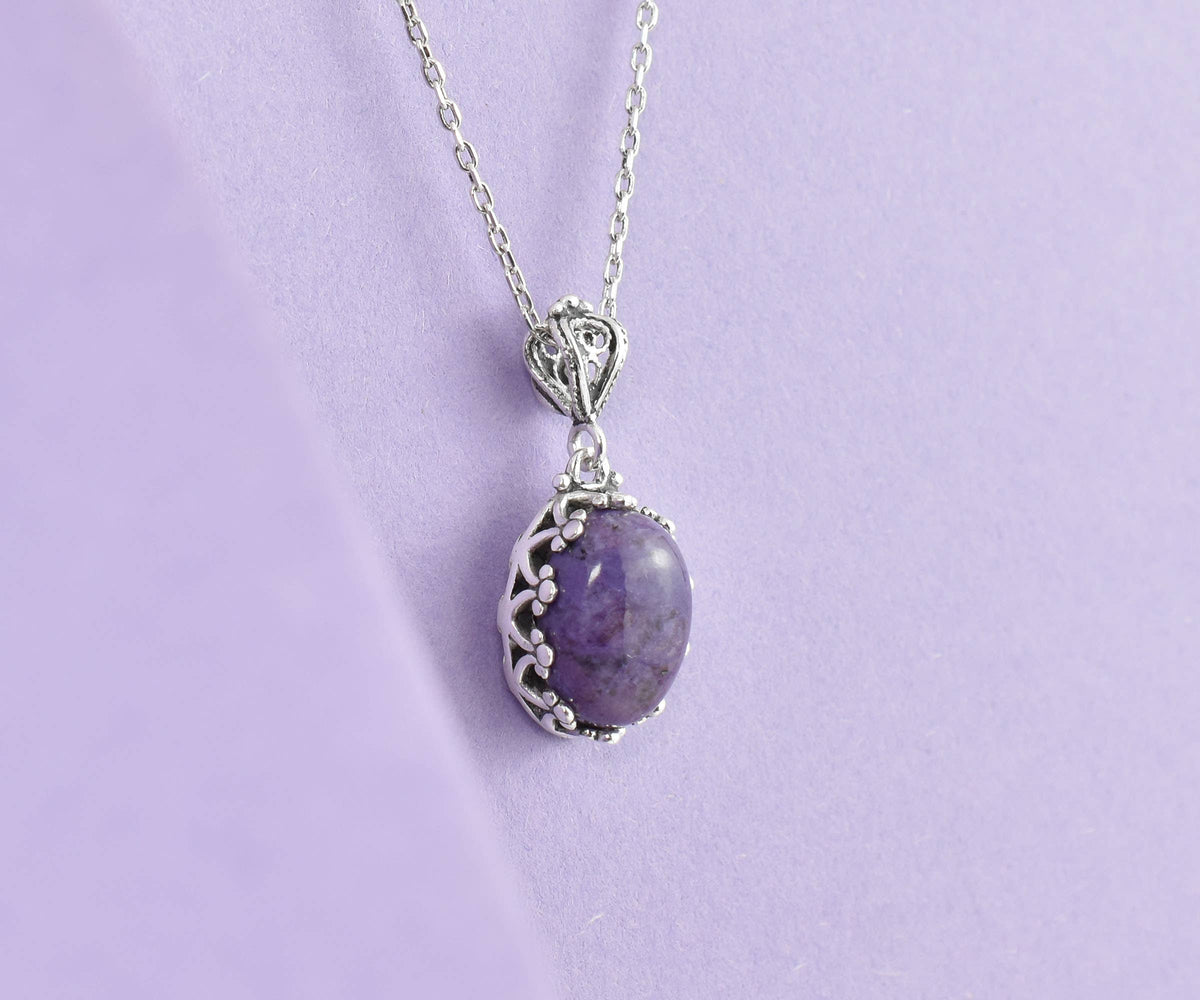 925 Silver Filigree Crown Charoite Gemstone Woman Pendant