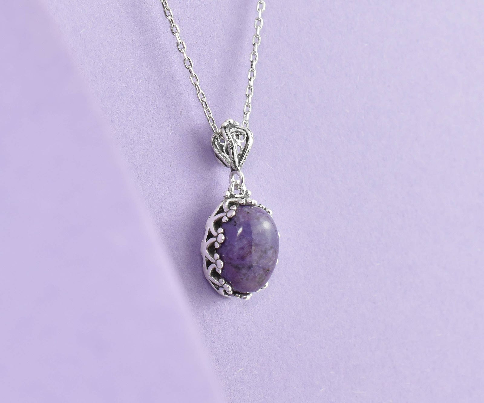 925 Silver Filigree Crown Charoite Gemstone Woman Pendant