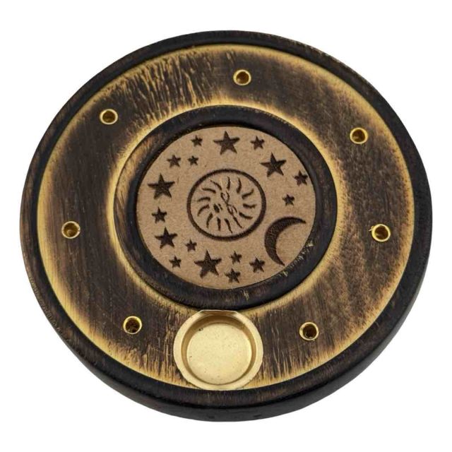 Round Wooden Incense Stick/Cone Burner Sun, Moon & Stars